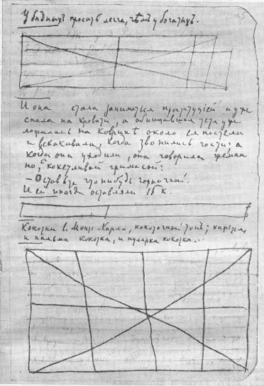 Two hand-drawn diagrams with intersecting lines, one positioned in the upper half and the other in the lower half of a handwritten note. The diagrams consist of rectangular shapes divided by diagonal and vertical/horizontal lines, creating smaller segments within each rectangle. Handwritten text in a language with Cyrillic script is present above, between, and below the diagrams, likely providing descriptions or explanations related to the diagrams. The overall appearance is of a scientific or analytical note involving geometric or spatial analysis.
